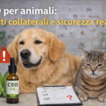 Cane e gatto con olio CBD e simboli di attenzione, rappresentazione degli effetti collaterali e della sicurezza negli animali