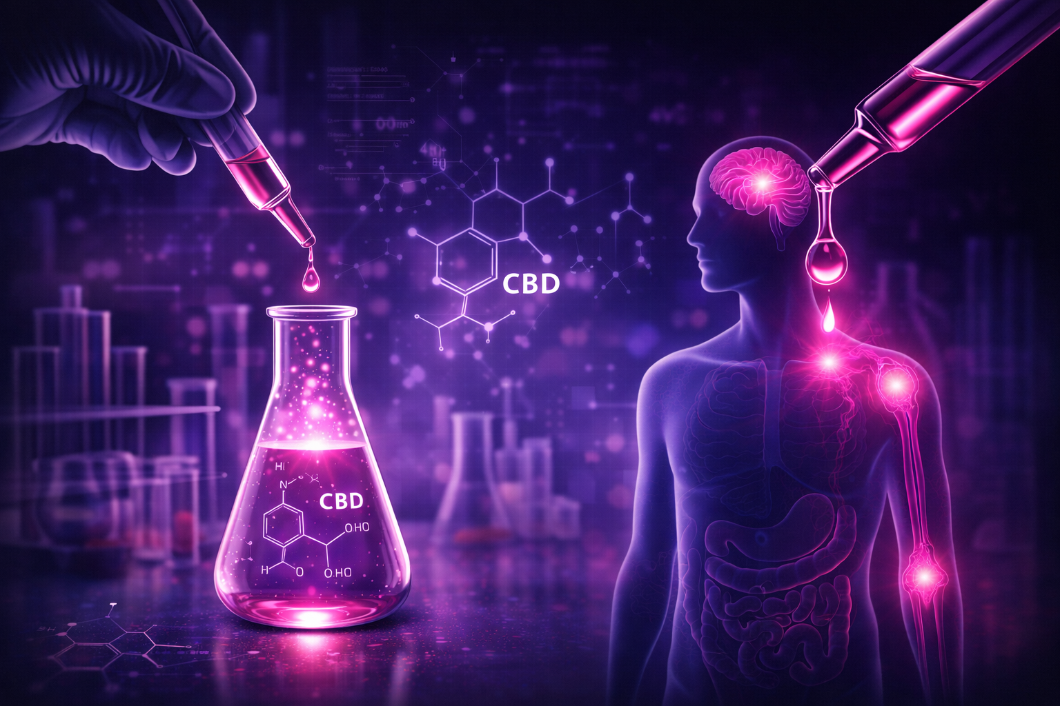 CBD benefici e applicazioni rappresentati in un contesto scientifico con struttura molecolare e corpo umano