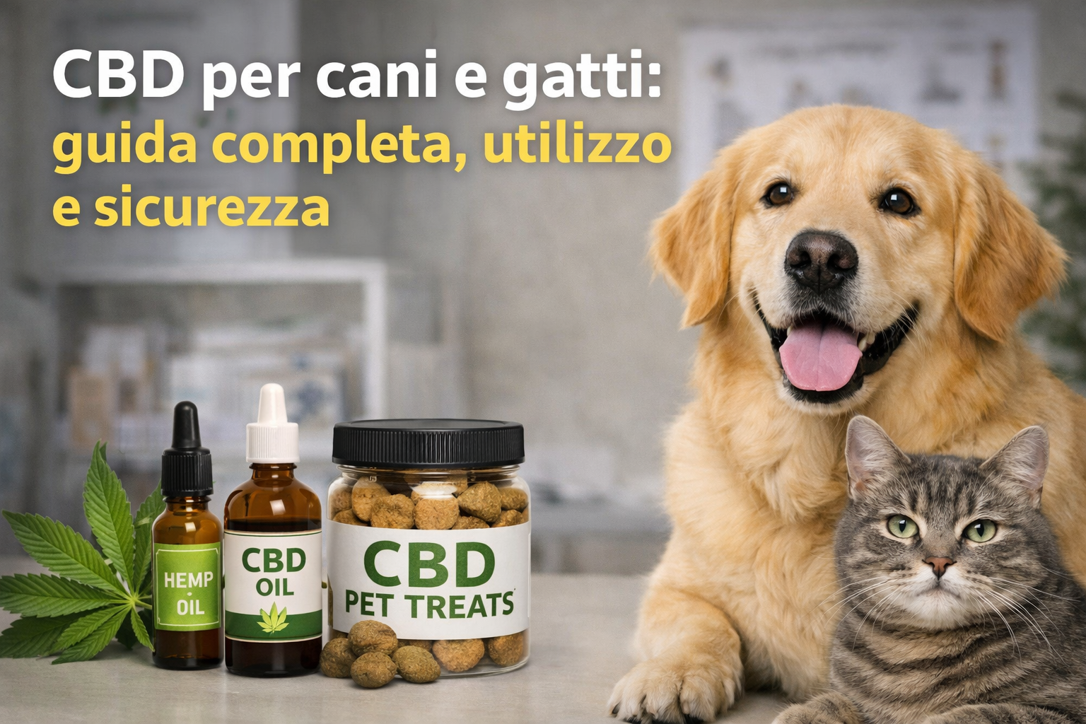 Cane e gatto con prodotti a base di CBD, rappresentazione dell’utilizzo e della sicurezza del CBD negli animali domestici