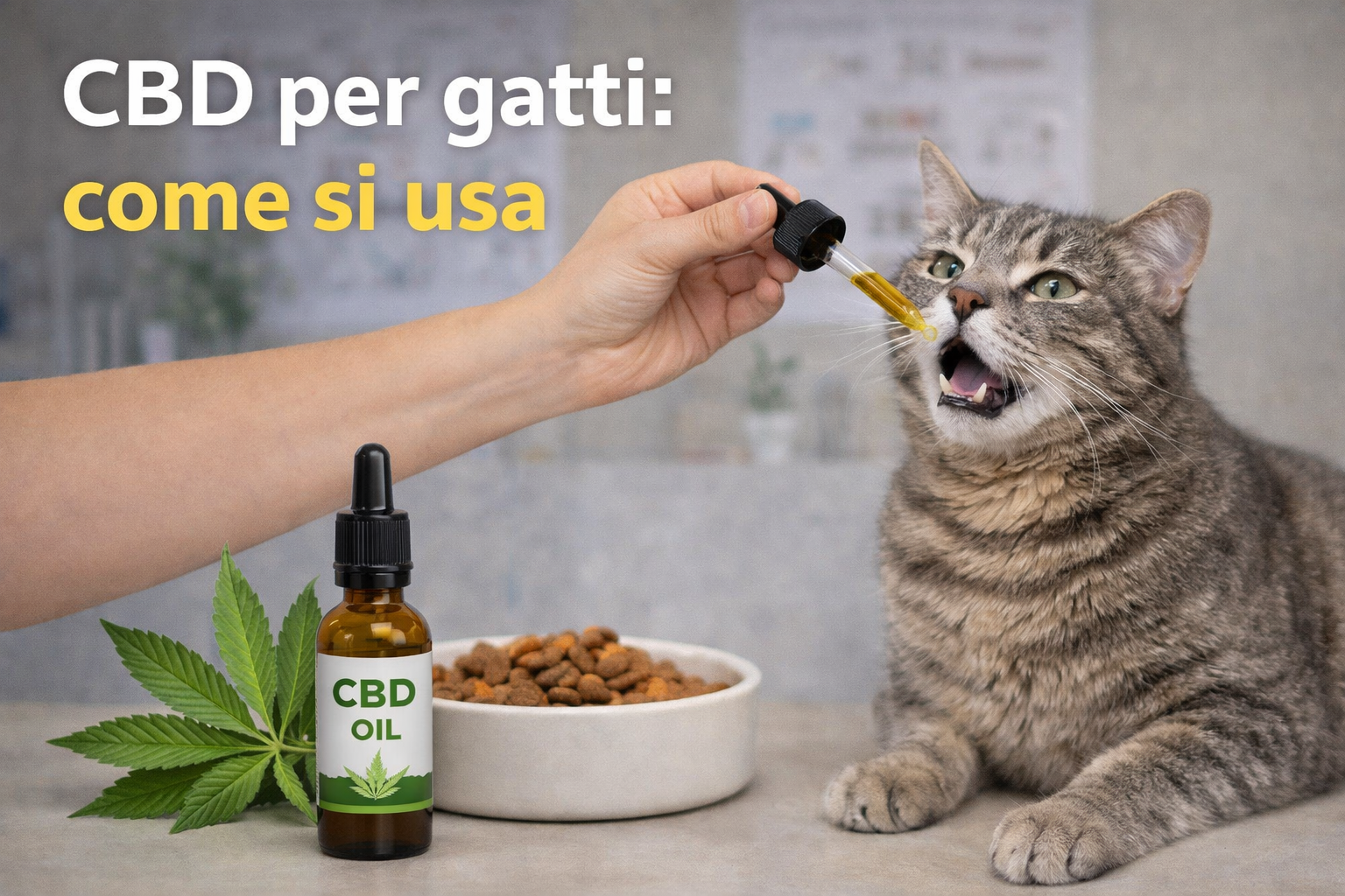 Somministrazione di olio CBD a un gatto con contagocce, esempio di utilizzo e sicurezza