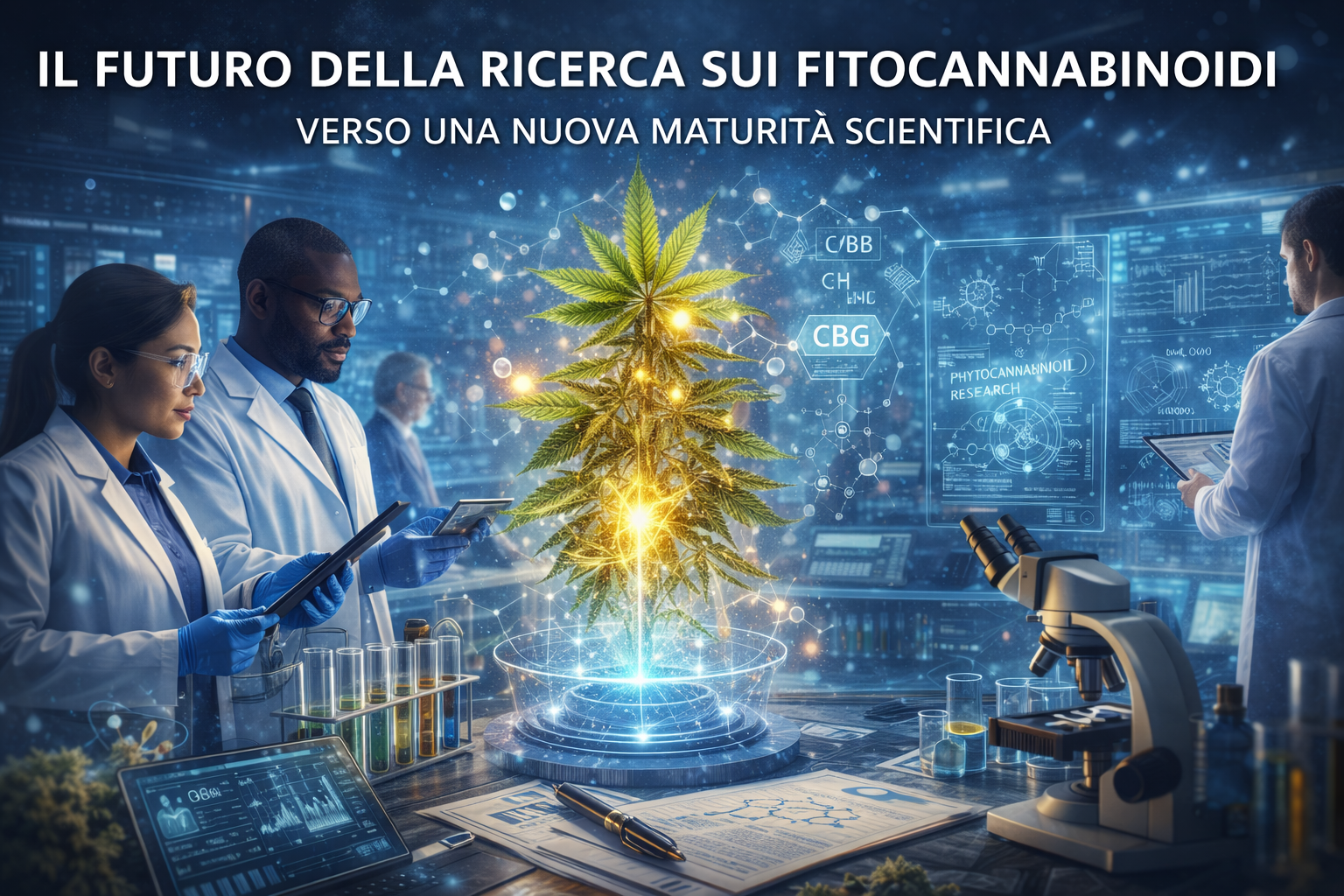 Ricerca scientifica sui fitocannabinoidi della cannabis in laboratorio con pianta di cannabis al centro, ricercatori e strumenti scientifici che studiano molecole come CBG e altri cannabinoidi emergenti