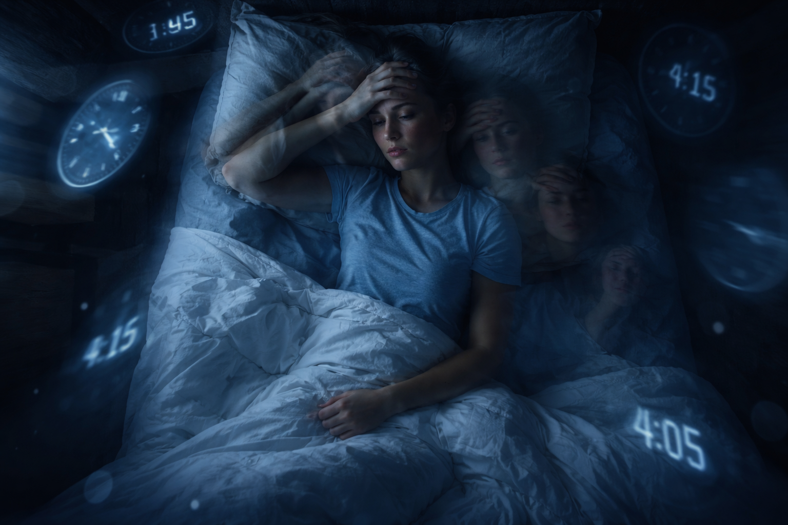 insonnia rappresentata da persona nel letto con effetto frammentazione del sonno e risvegli notturni