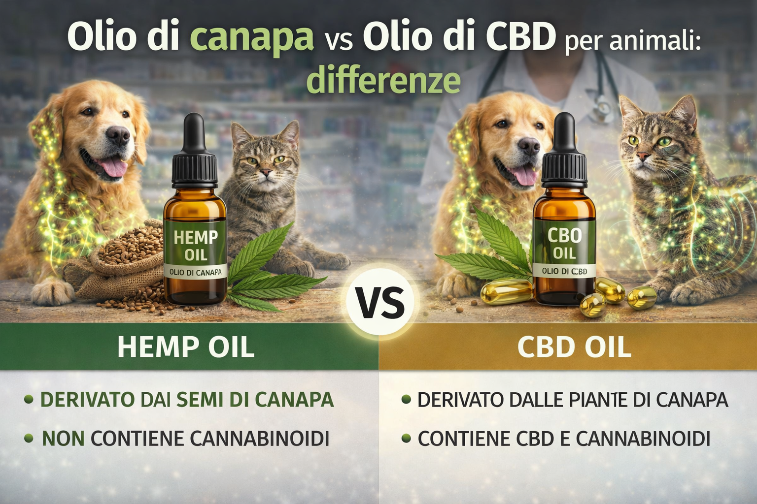 Confronto tra olio di canapa e olio di CBD per animali con cane e gatto, evidenza delle differenze tra semi di canapa e cannabinoidi