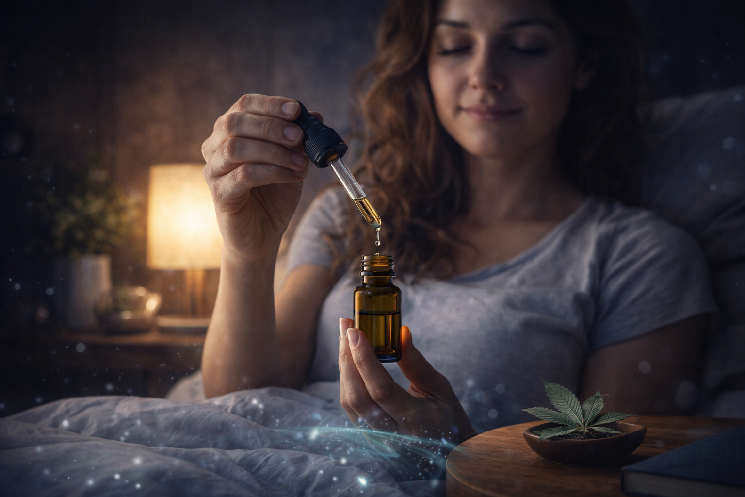 olio di CBD prima di dormire con pipetta e flacone in routine serale per il sonno