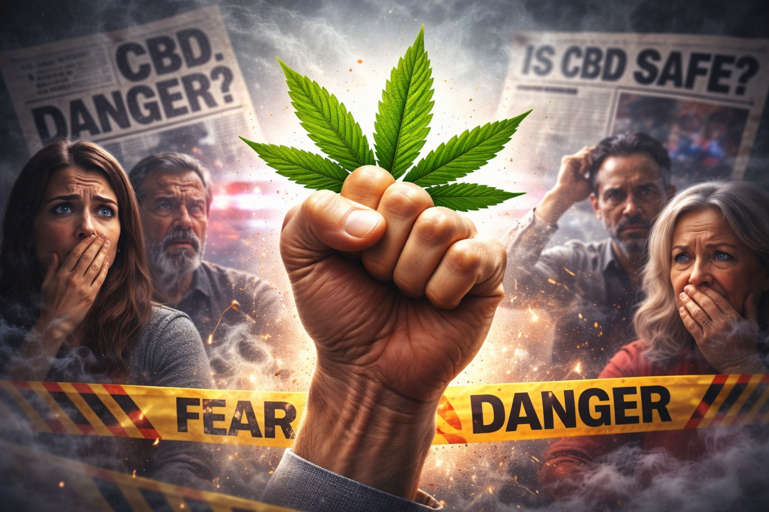 Rappresentazione della paura e della disinformazione sul CBD con persone preoccupate, titoli di giornale allarmistici e foglia di cannabis al centro, simbolo del dibattito pubblico sul cannabidiolo e sulla sicurezza della cannabis