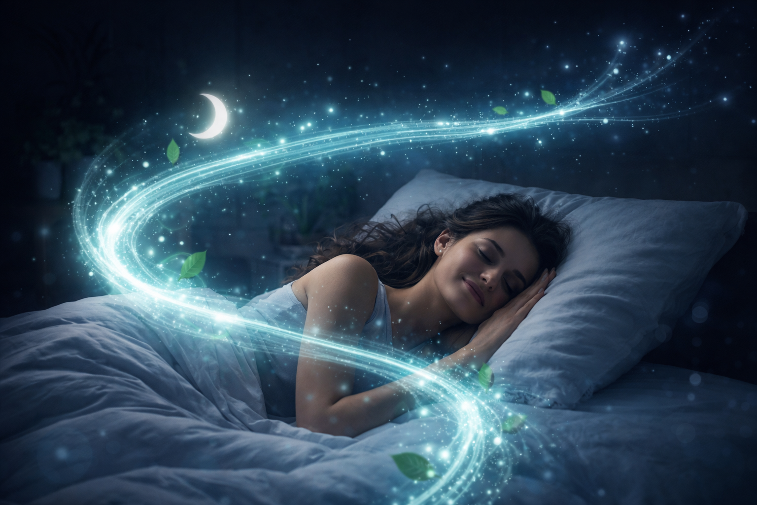 qualità del sonno migliorata con CBD rappresentata da persona che dorme serenamente con flusso luminoso rilassante