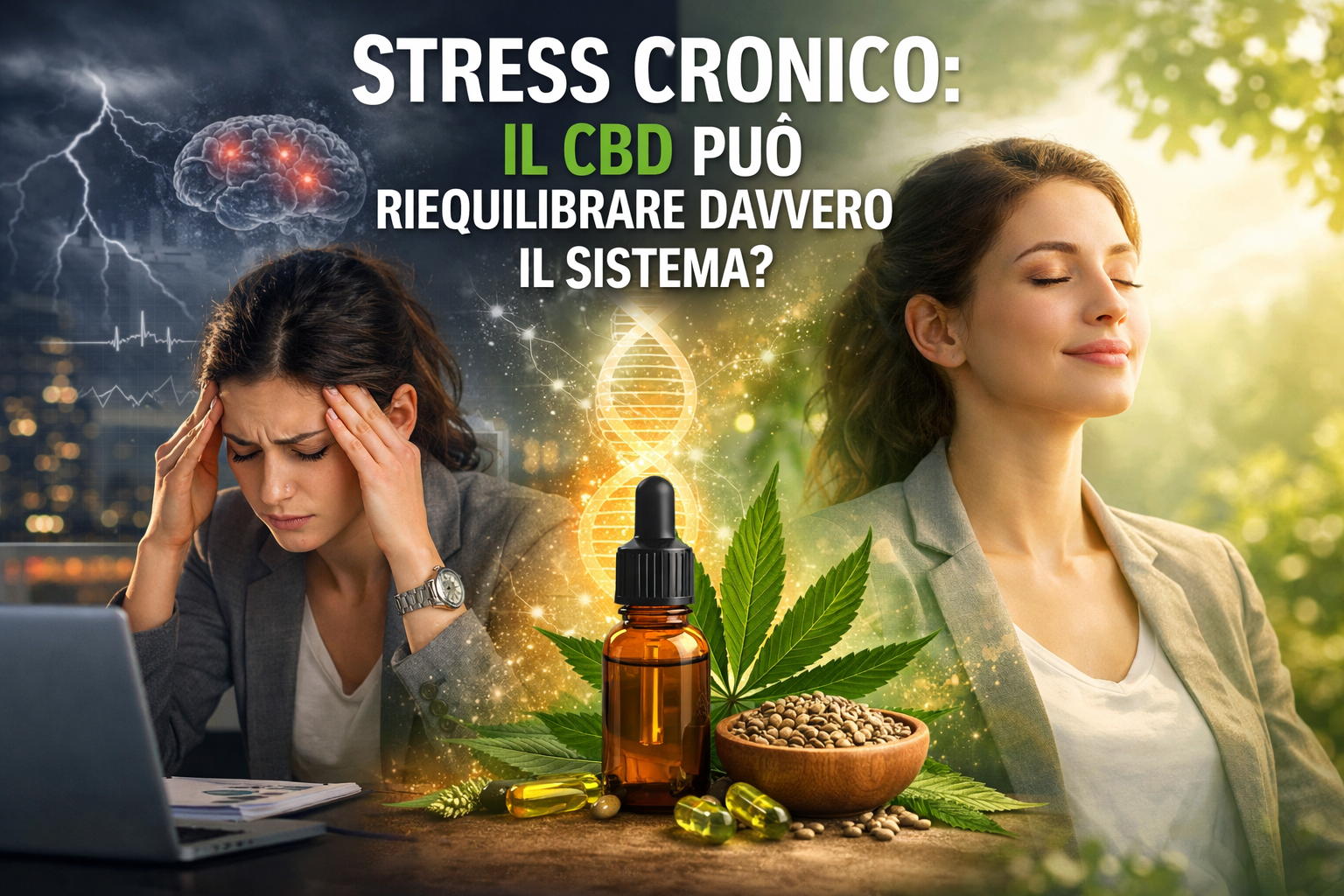 Persona sotto stress cronico contrapposta a stato di rilassamento, rappresentazione del possibile riequilibrio del sistema attraverso il CBD
