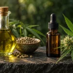 Olio di semi di canapa e olio CBD: proprietà e differenze 6 Olio di semi di canapa, semi e flacone ambrato di olio CBD a confronto.