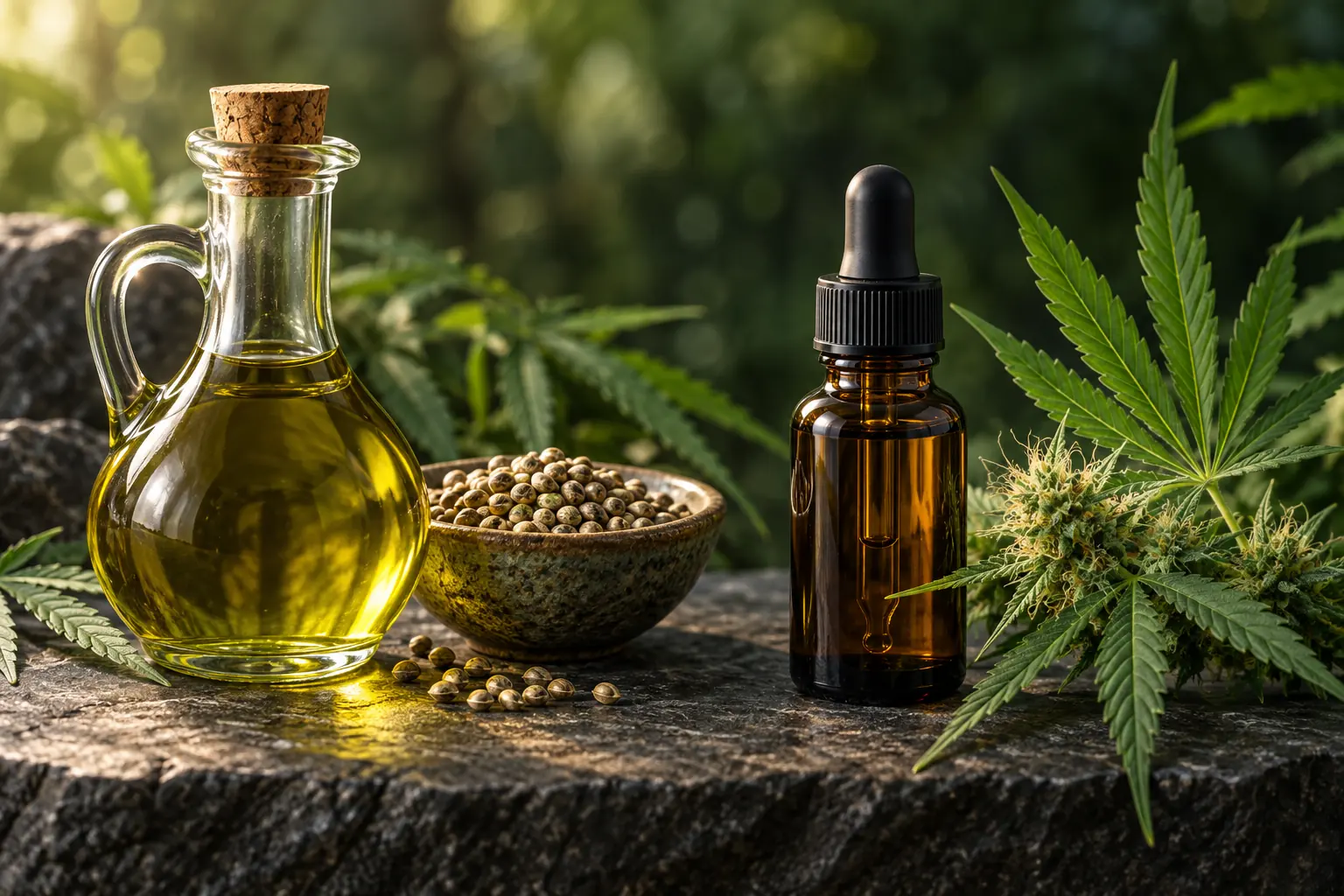 Olio di semi di canapa, semi e flacone ambrato di olio CBD a confronto.