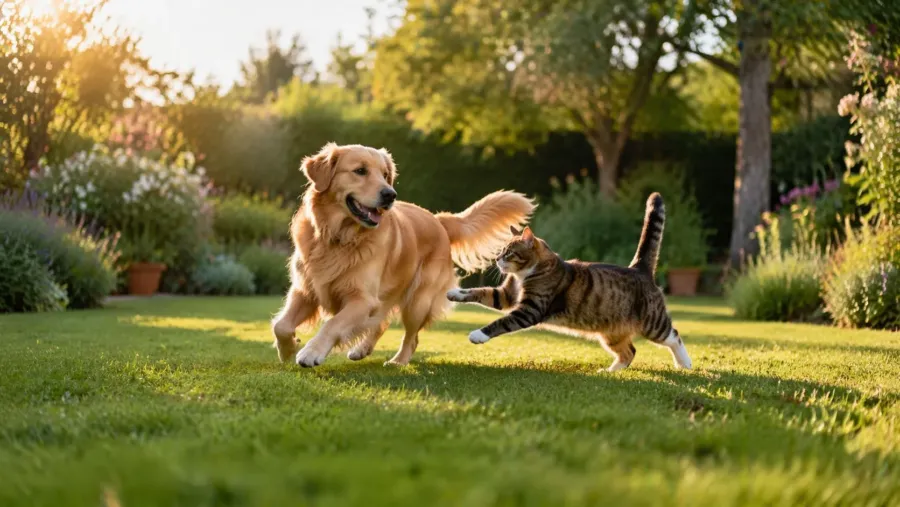Un cane e un gatto giocano insieme in giardino